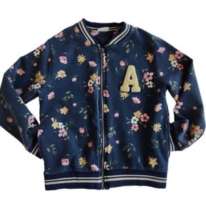 Zara Girls Floral Fleece Cozy Monogrammed Zip Bomber Style Jacket 7
